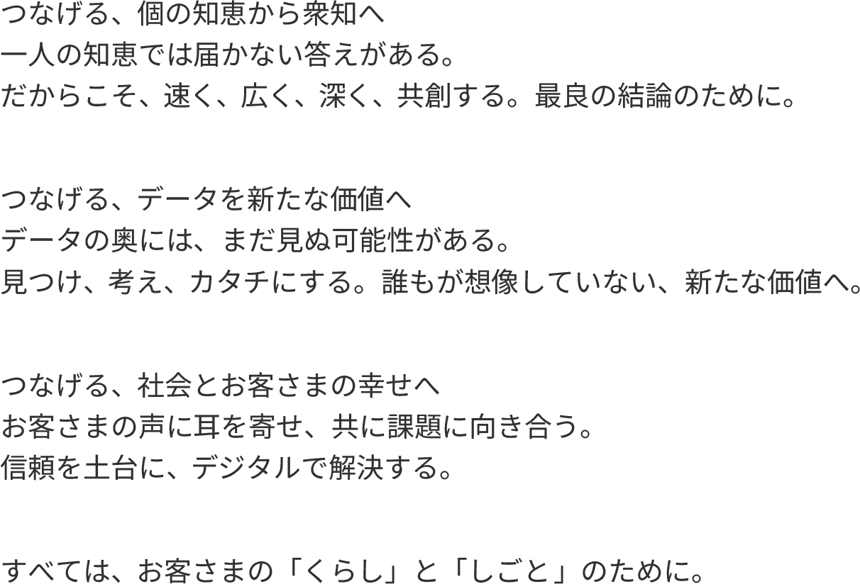 つなげる、個の知恵から衆知へ一人の知恵では届かない答えがある。
                            だからこそ、速く、広く、深く、共創する。最良の結論のために。
                            つなげる、データを新たな価値へデータの奥には、まだ見ぬ可能性がある。
                            見つけ、考え、カタチにする。誰もが想像していない、新たな価値へ。
                            つなげる、社会とお客さまの幸せへお客さまの声に耳を寄せ、共に課題に向き合う。
                            信頼を土台に、デジタルで解決する。
                            すべては、お客さまの「くらし」と「しごと」のために。