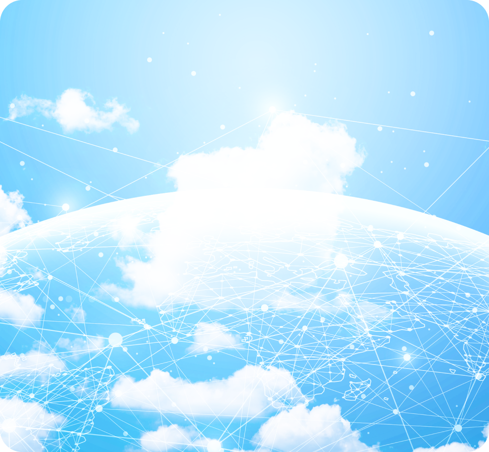 青空に浮かぶ地球の輪郭と、世界を繋ぐネットワークのイメージ